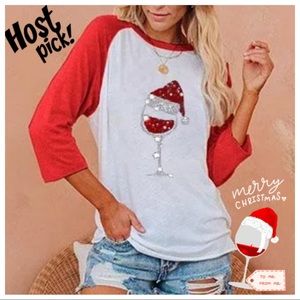 BRAND NEW Christmas Glitter Santa Hat Wine Raglan Glass Shirt